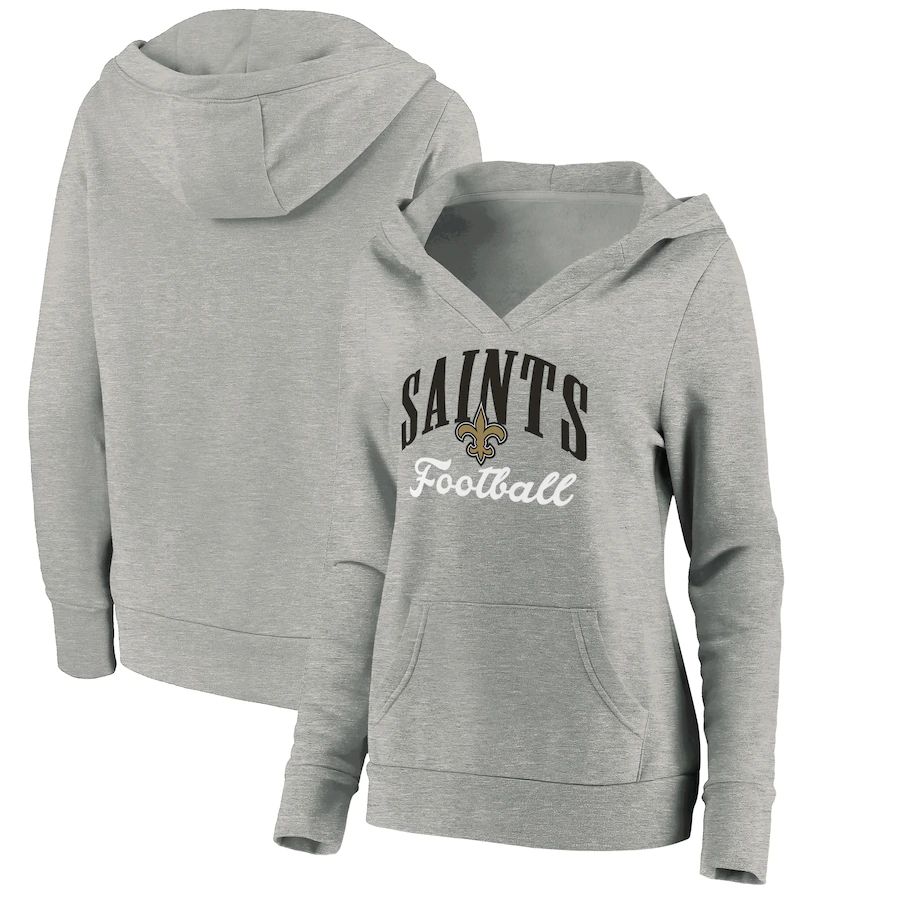 Women New Orleans Saints Fanatics Branded Heathered Gray Victory Script V-Neck Pullover Hoodie->women nfl jersey->Women Jersey